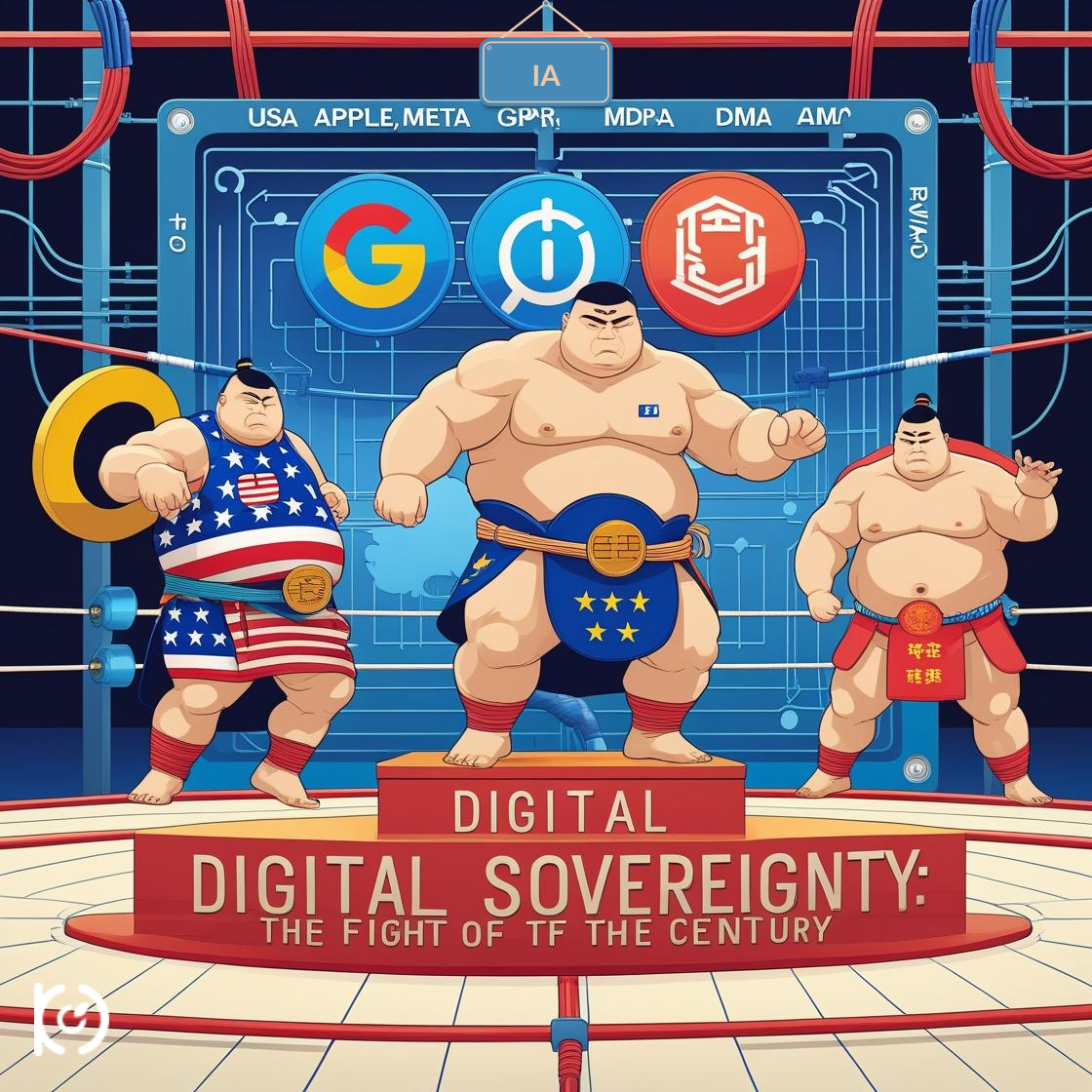 Trois sumos symbolisant USA (étoilé), Chine (rouge) et UE (bleu) en lutte pour la domination technologique, style illustration cartoon.