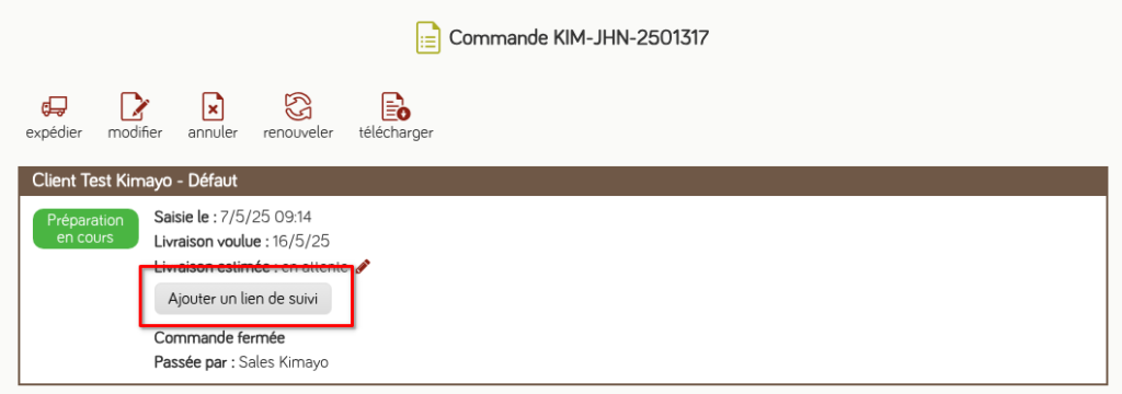 Ajouter un lien expédition détails de la commande
