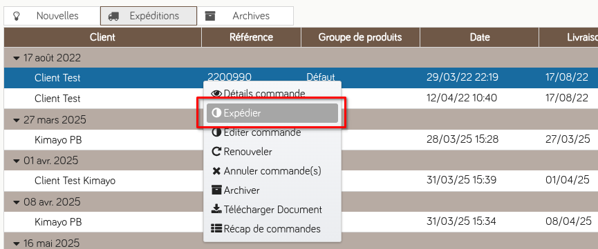Action menu expédier
