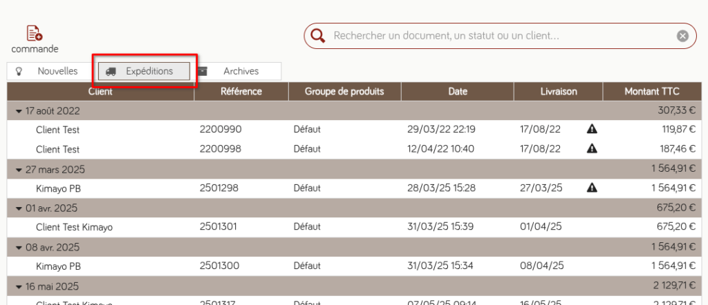 Onglet commandes expéditions