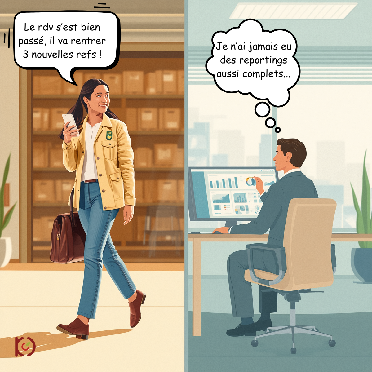 Commerciale sortant d’un rendez-vous et dictant une mise à jour à son CRM, tandis qu’un manager au bureau consulte un tableau de bord complet.